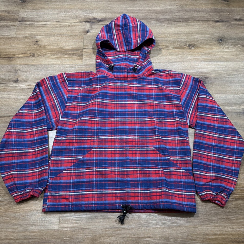 Johnson Woolen Mills Green Mountain Mens XS Hoodie Red Blue Plaid‎ Flannel USA